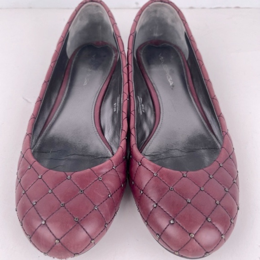 Via Spiga Shoes Ballet Flats Size 8.5 Burgundy Red Quilted Silver Grommets - Picture 2 of 16